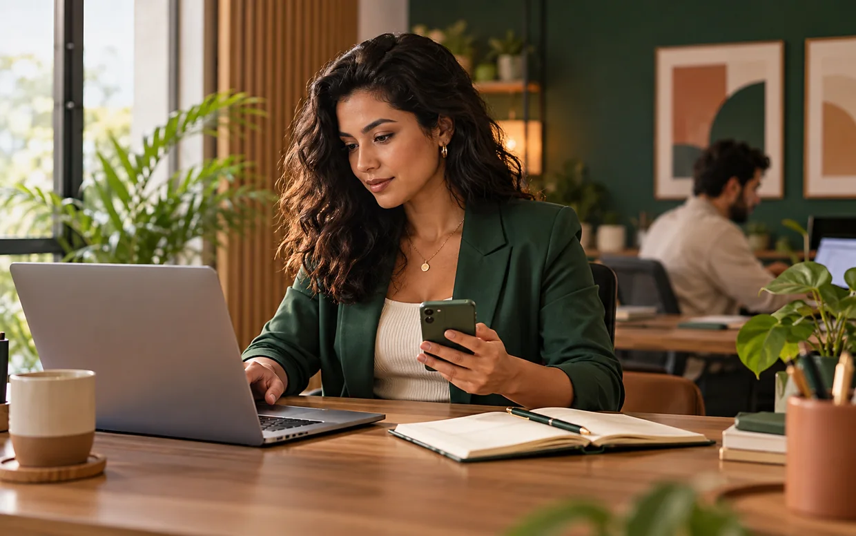 Profissional organizando a rotina de atendimento e relacionamento com apoio de notebook e celular.